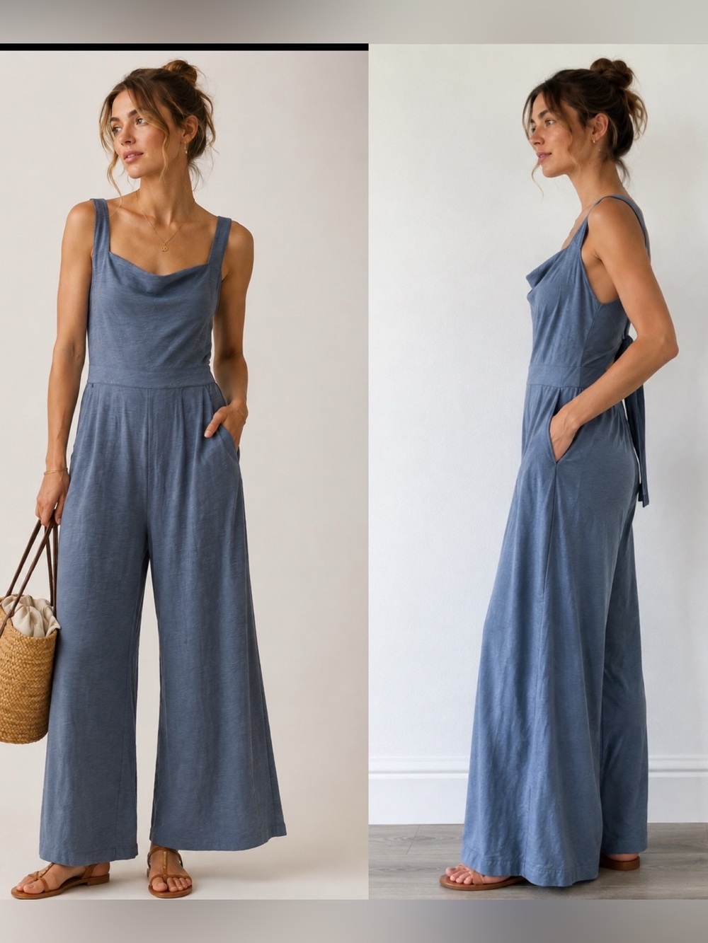 Anthropologie Blue Tie-Back Wide Leg Jumpsuit